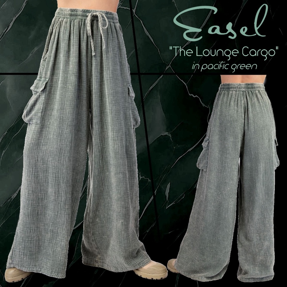 EASEL “The Lounge Cargo” Cotton Mineral Washed Pants Wide Leg Relax Fit Pockets